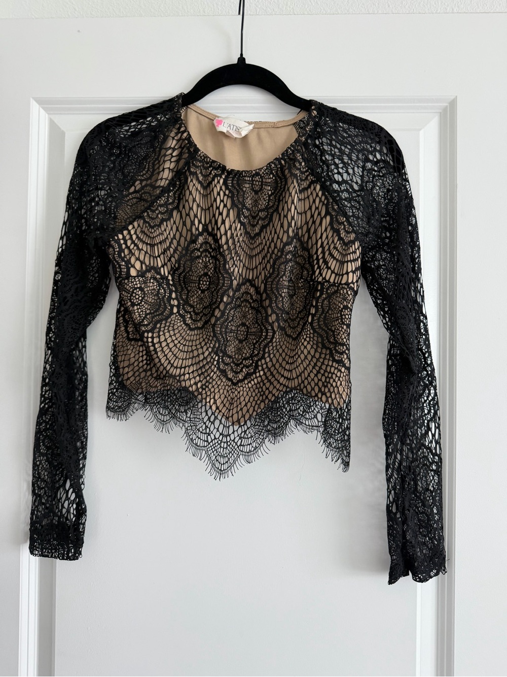 L'ATISTE Black Lace Long-Sleeve Overlay Top with Nude Lining